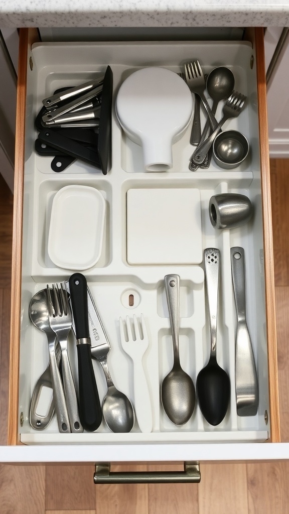 A neatly organized kitchen drawer with various utensils arranged in compartments.