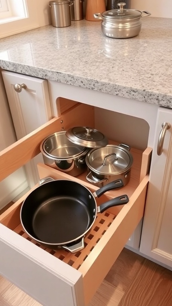 A kitchen drawer with pull-out shelves displaying pots and pans for easy access.