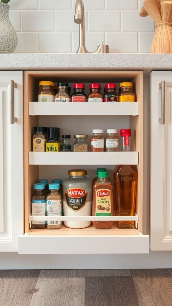 Organized kitchen drawer with pull-out shelves holding various spices and sauces.