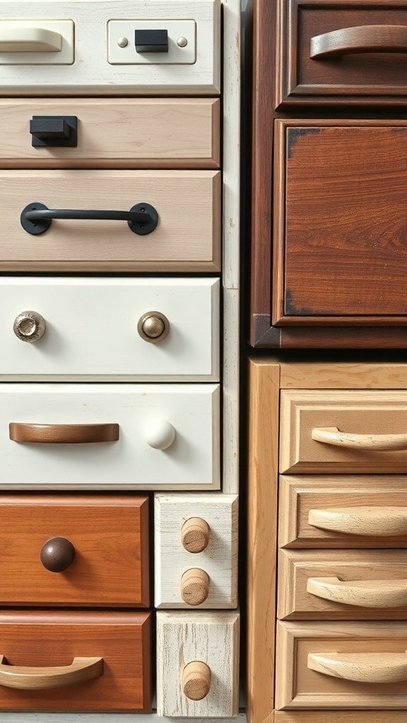A variety of drawer pulls and knobs in different styles and finishes.