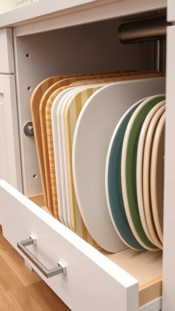 Organized drawer with cutting boards and baking sheets neatly arranged.