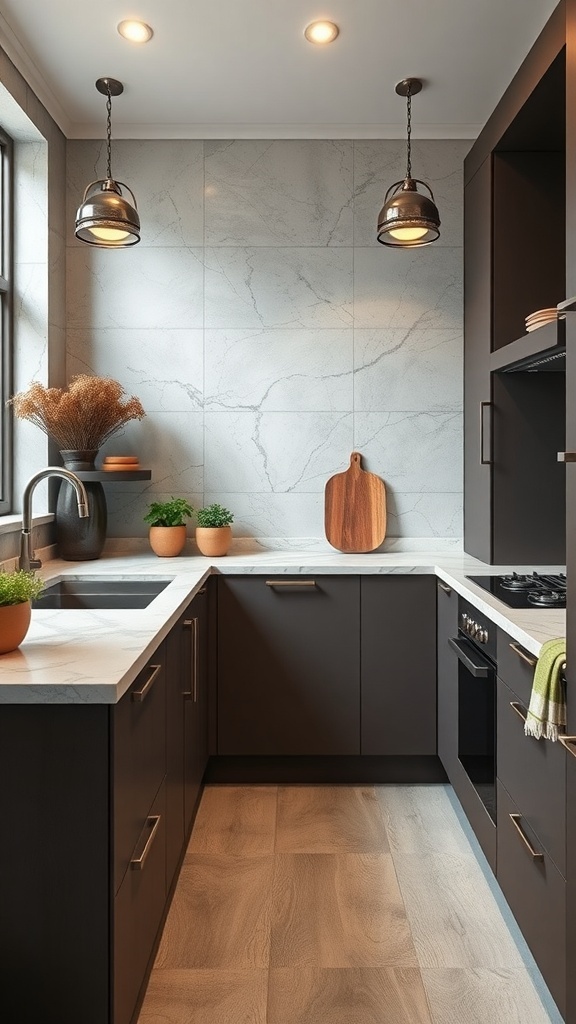 A modern modular kitchen with dark cabinets and a marble countertop.