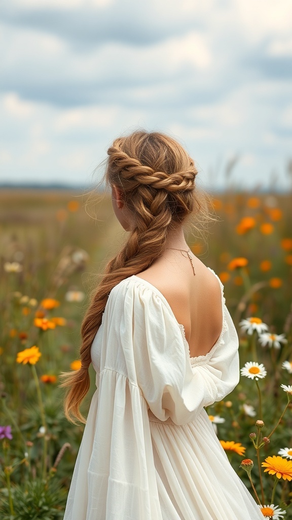 A woman with a Dutch braid crown hairstyle, surrounded by flowers in a field.