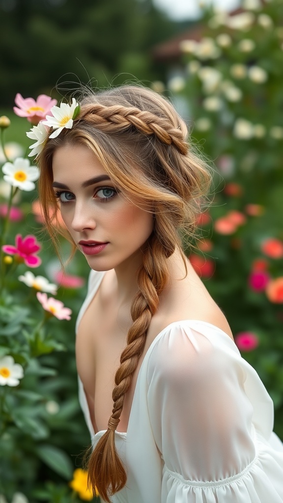 A woman with a Dutch braid crown hairstyle, adorned with flowers, surrounded by colorful flowers.