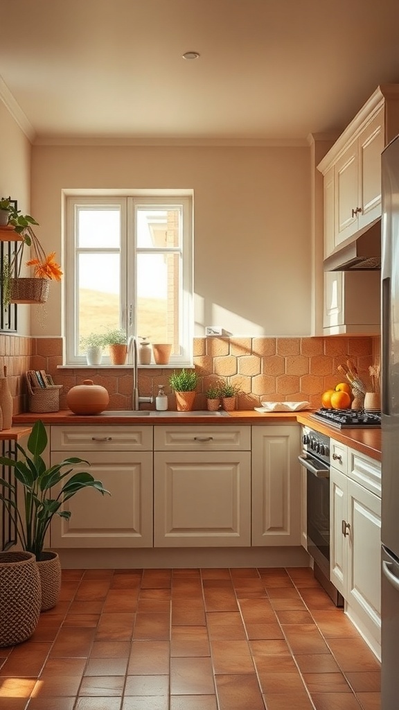 A cozy kitchen featuring terracotta tiles and cream cabinets with plants and fruits.