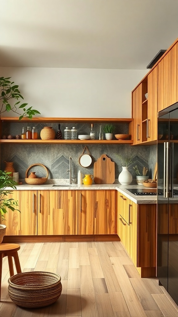 A modern kitchen featuring wooden cabinets, natural stone countertops, and plants for a sustainable design.