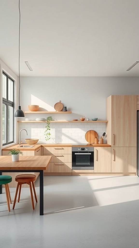 A modern modular kitchen featuring eco-friendly materials and a bright, airy design.