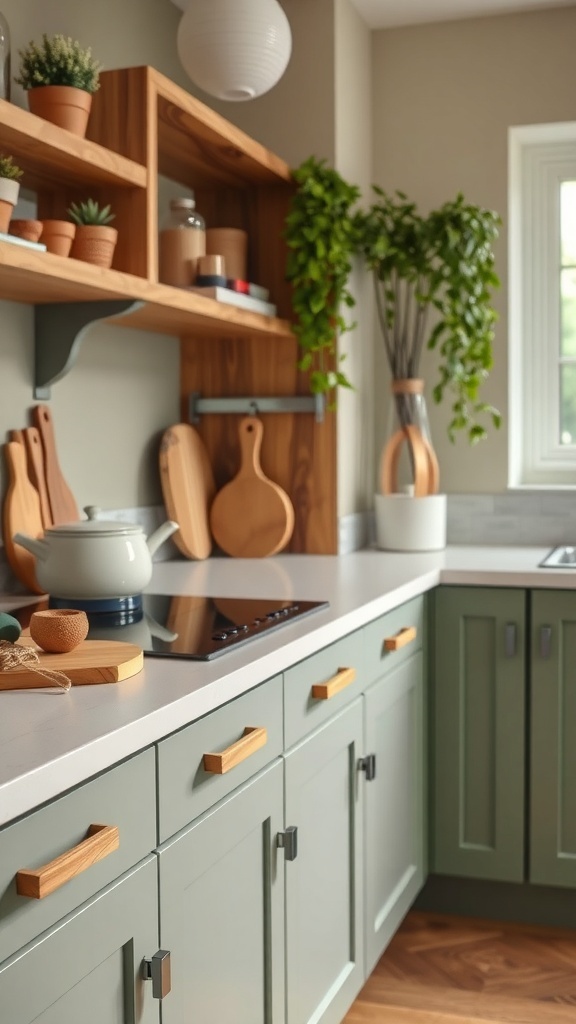 Eco-friendly kitchen drawer handles made of wood on green cabinets.