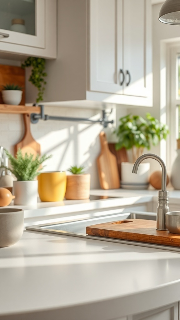 A bright and modern kitchen with eco-friendly design elements, featuring wooden shelves and potted plants.