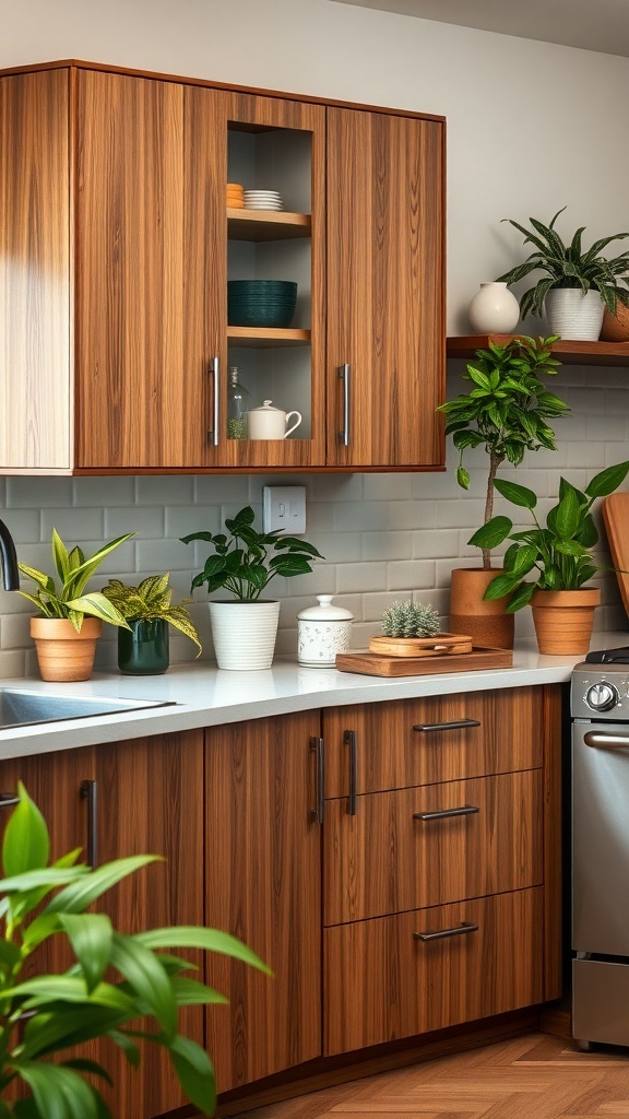Eco-friendly kitchen cabinet with wooden handles and plants