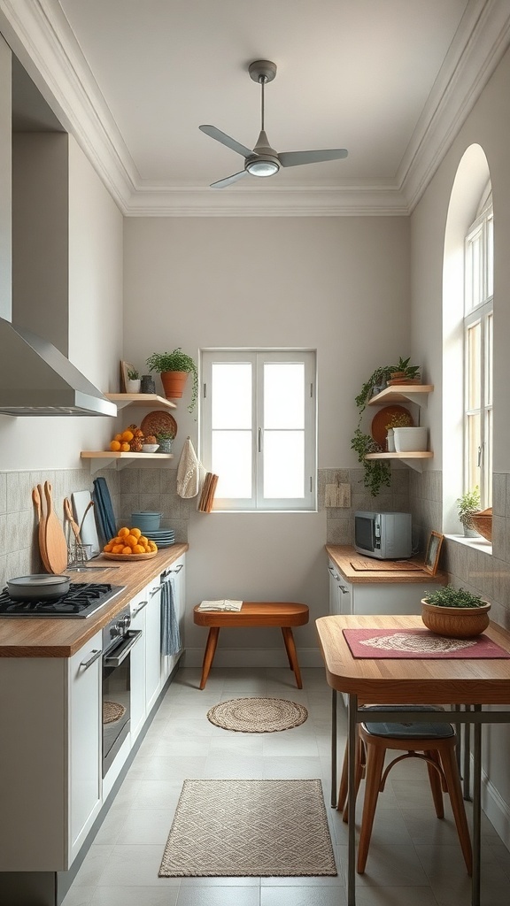 A small, efficient kitchen layout featuring light colors, open shelves, and a cozy dining area.
