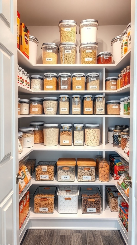 Organized pantry with labeled clear containers and neatly arranged food items.