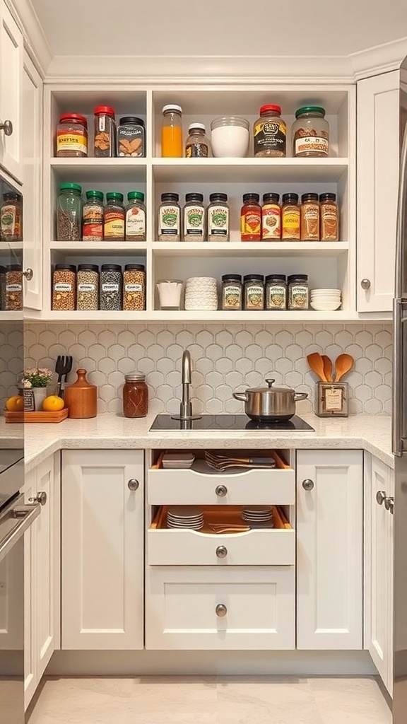 A modern kitchen with organized spice storage and utensil drawers.