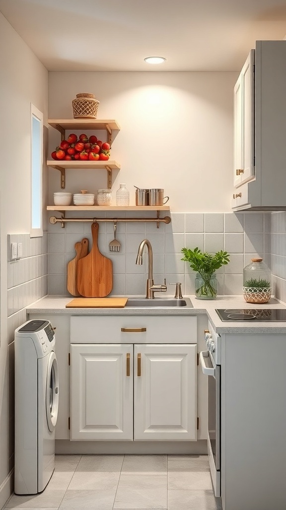 A small, modern Indian kitchen with open shelves, a sink, and a compact layout.
