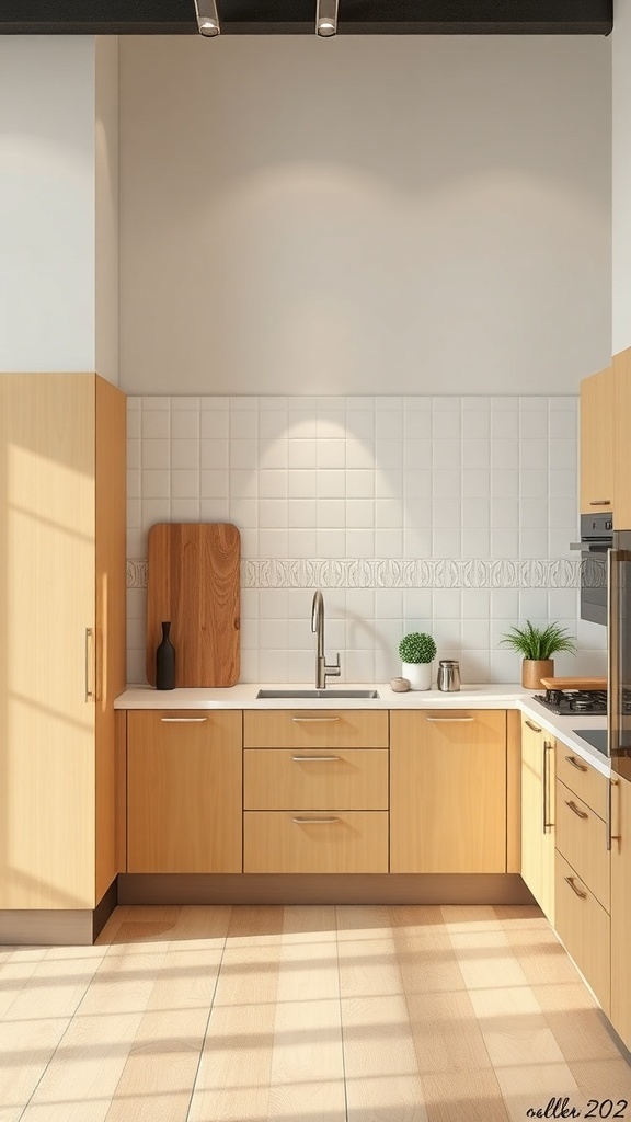 A modern modular kitchen with wooden cabinets and a clean countertop.