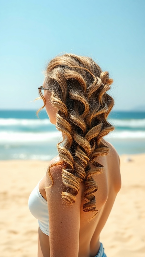 A woman with curly hair standing on the beach, showcasing effortless beach waves.