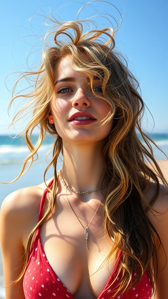 A young woman with beachy waves, standing by the ocean, wearing a red swimsuit.