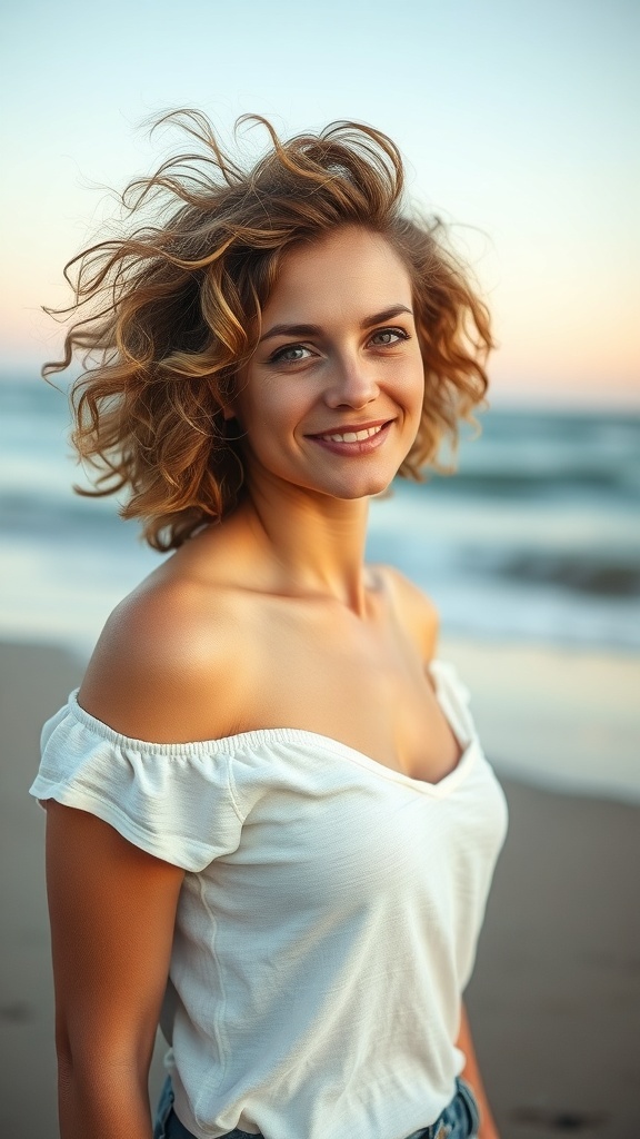 A woman with curly hair smiling at the beach during sunset.