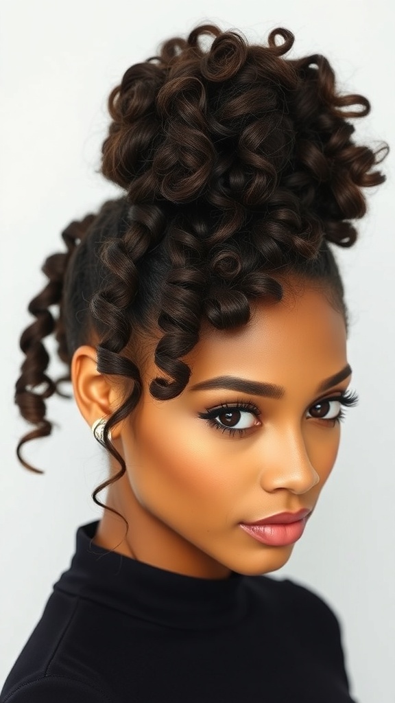 A woman with curly hair styled in a high bun, with loose curls framing her face.