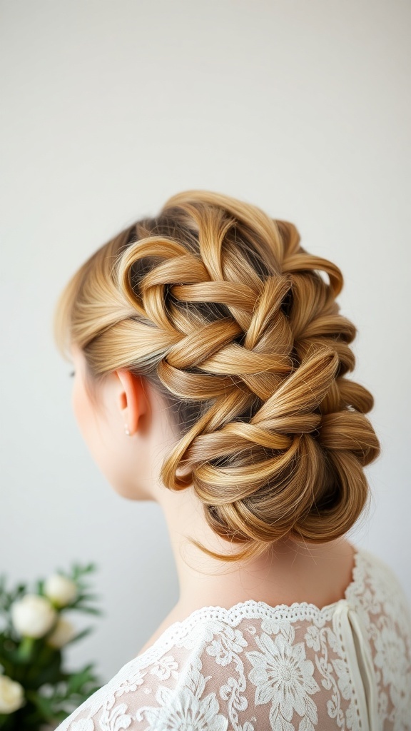 A woman with a braided chignon hairstyle, showcasing intricate braids and a polished bun.