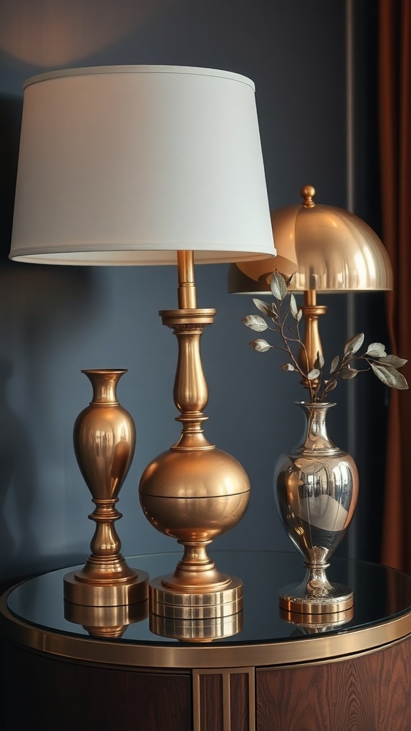 Three elegant brass decor items including lamps and vases on a table.