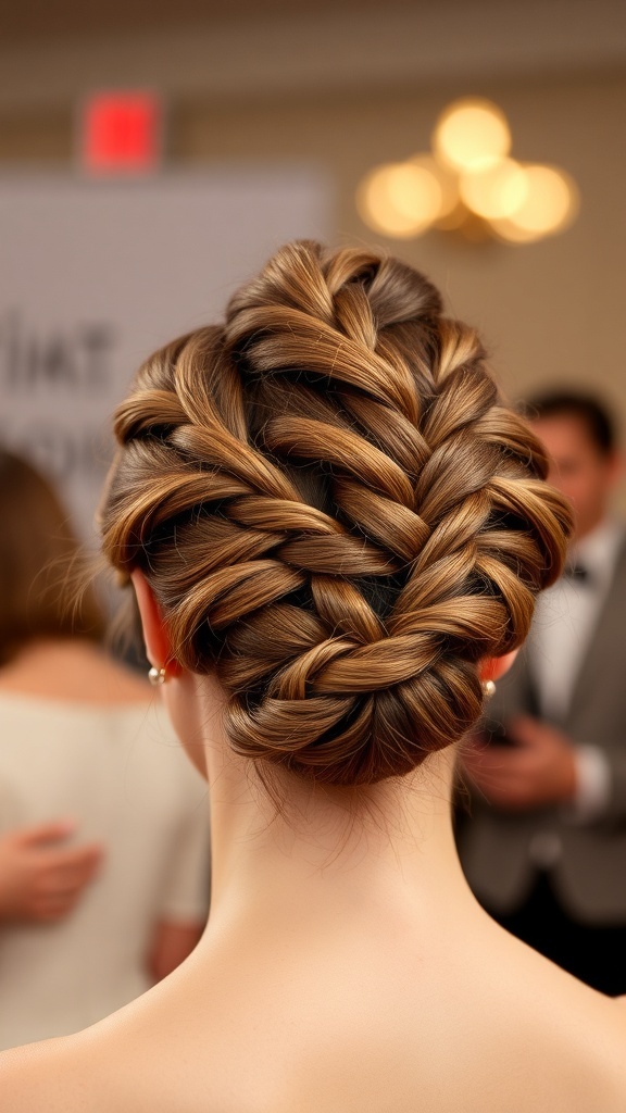 A beautiful braided chignon hairstyle, showcasing intricate braids wrapped around a bun.
