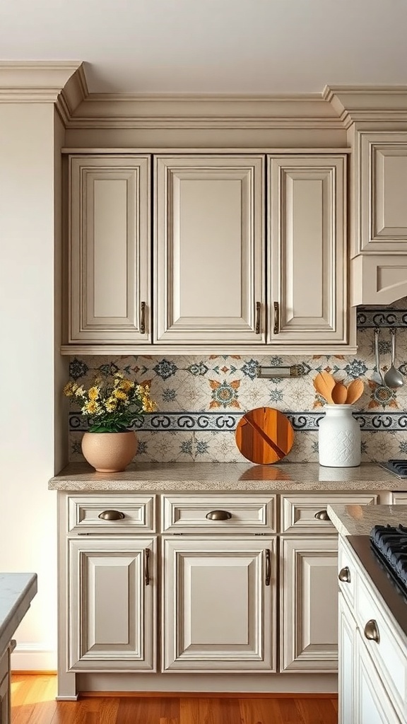 A kitchen featuring elegant crown molding above the cabinets.