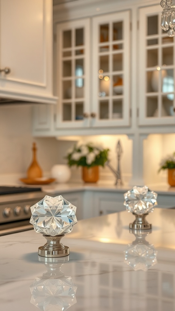 Elegant crystal knobs on a kitchen cabinet