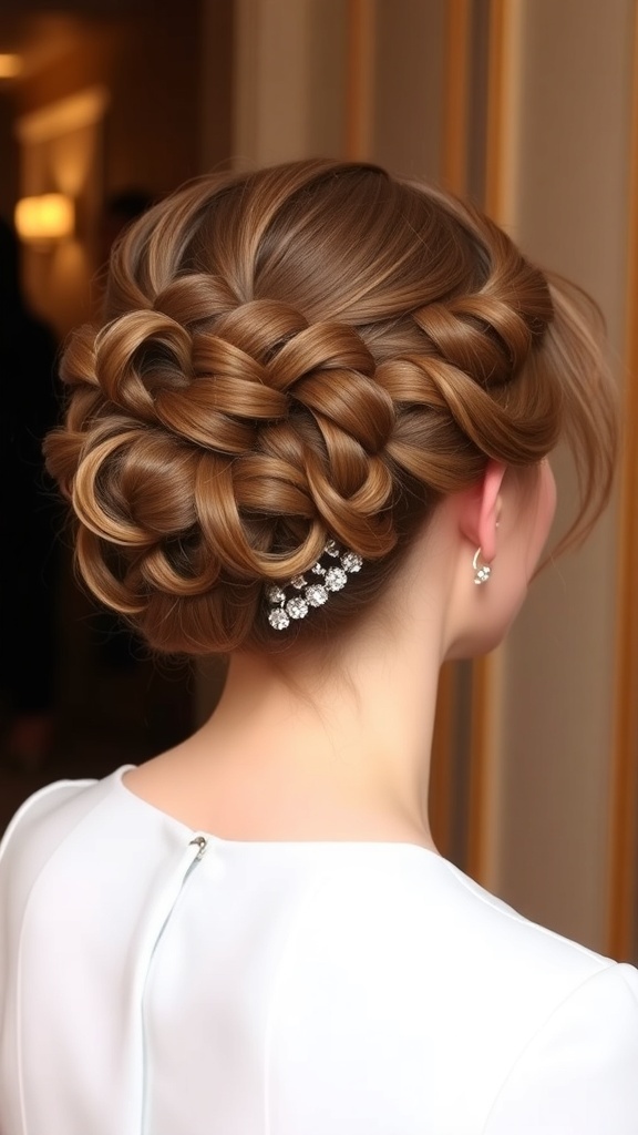 A woman with a curly chignon hairstyle adorned with a sparkling hair accessory, showcasing elegance and sophistication.