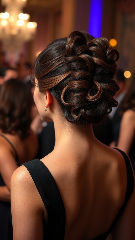 A woman with an elegant curly chignon hairstyle, featuring rich tones and a sophisticated bun, set against a blurred background of a formal event.