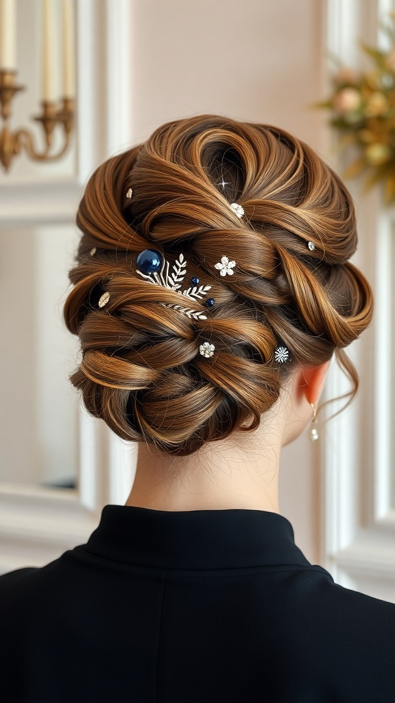 Elegant updo hairstyle for curly hair with decorative accessories