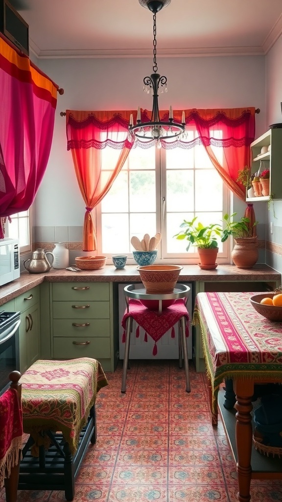A cozy Indian kitchen with colorful curtains and textiles.