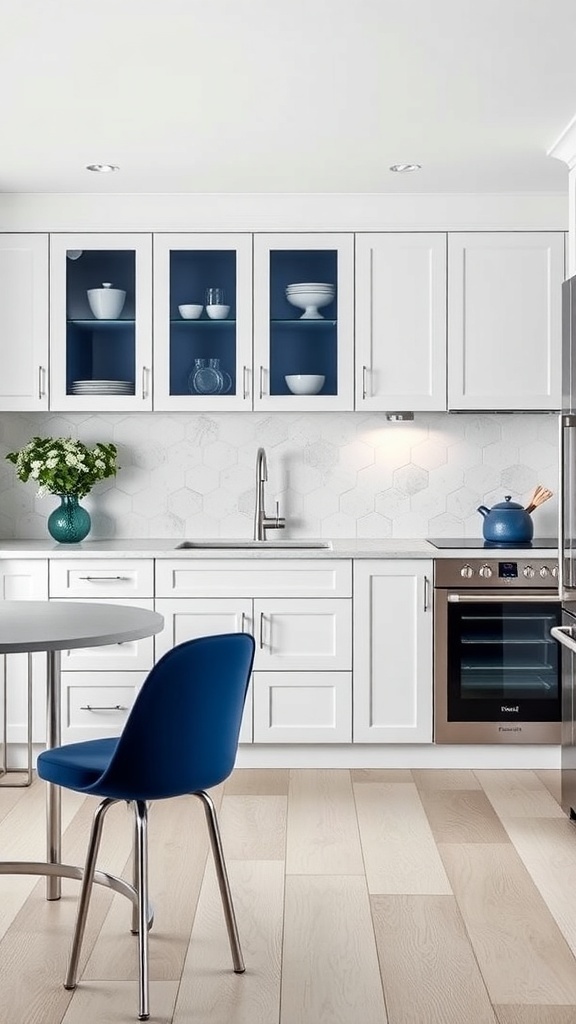 A modern kitchen featuring white cabinets with navy blue accents.