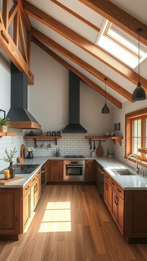 A modern rustic kitchen featuring wooden cabinets, stone countertops, and natural light.