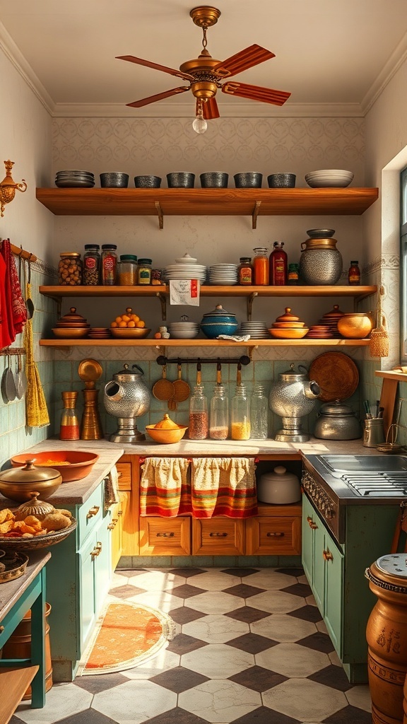 An open kitchen featuring traditional Indian elements with colorful pots and textiles.