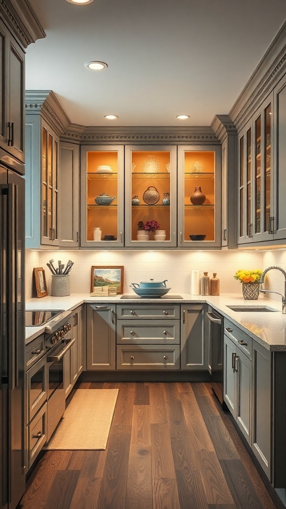 A modern kitchen featuring stylish cabinets and organized storage.