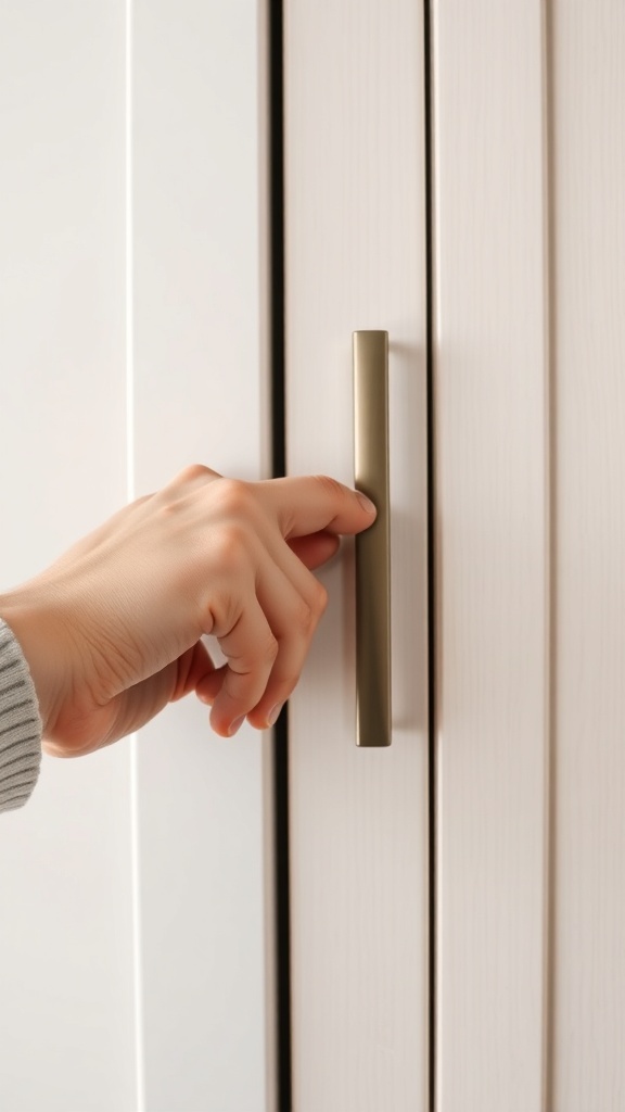 A hand reaching for a sleek kitchen cabinet handle.