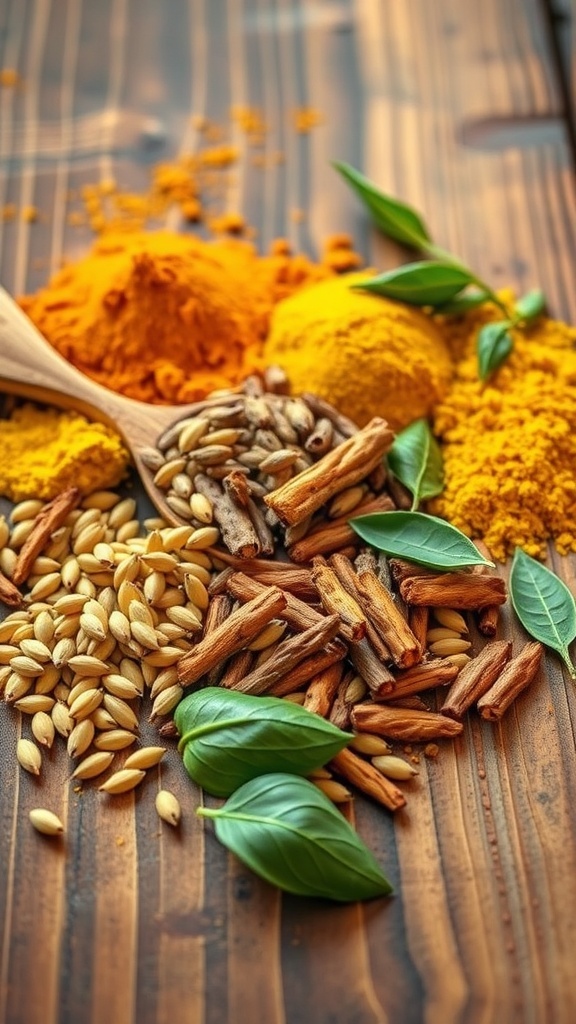 A variety of spices including turmeric, mustard seeds, and curry leaves arranged on a wooden surface.