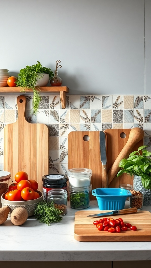 A well-organized kitchen prep area with cutting boards, fresh vegetables, and jars.