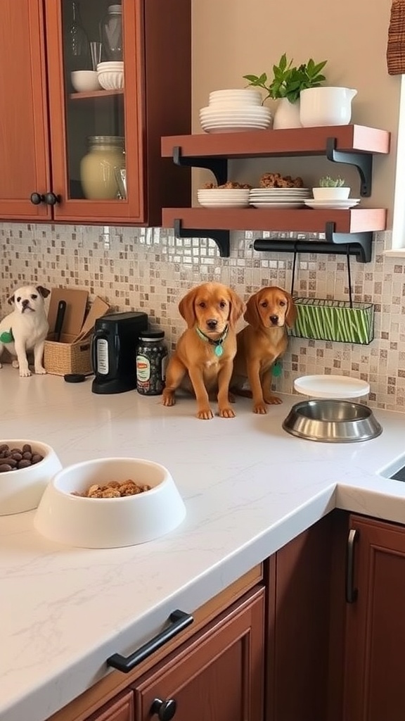 A kitchen counter with two dogs sitting near their food bowls and pet supplies.