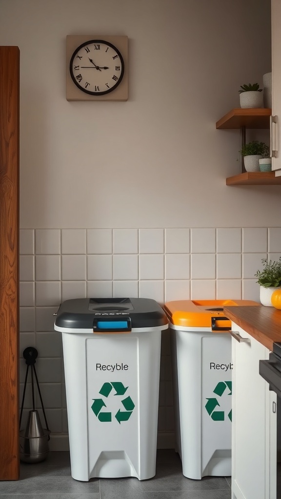 Two recycling bins in a small Indian kitchen, one for paper and one for plastic.