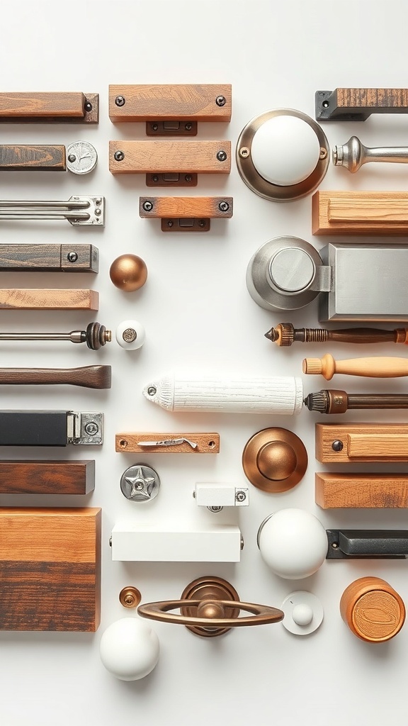 A collection of various kitchen drawer pulls in different styles and materials.