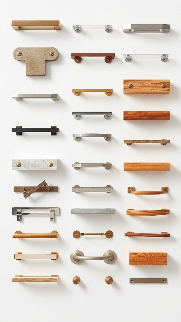 A variety of kitchen cupboard handles in different styles and materials.