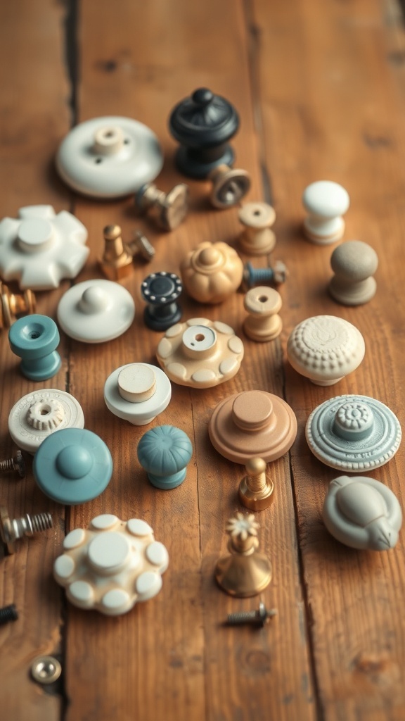 A collection of vintage drawer knobs in various colors and styles on a wooden surface.