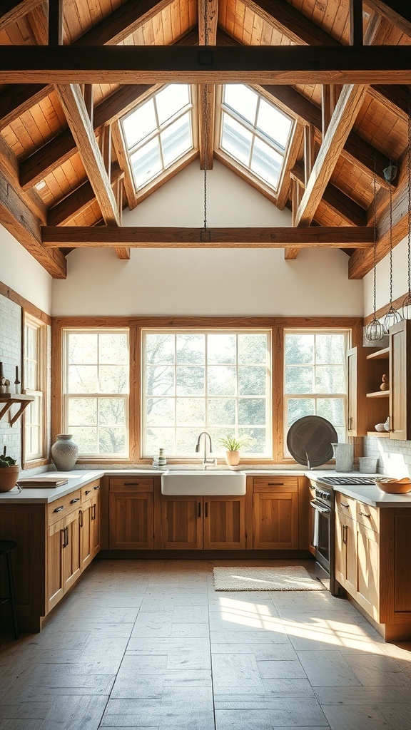 Rustic farmhouse kitchen with exposed beams and large windows