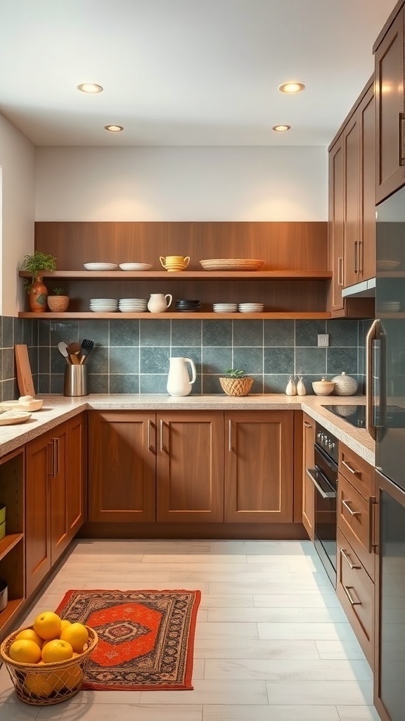 A cozy Indian family kitchen with wooden cabinets, open shelves, and a warm color palette.