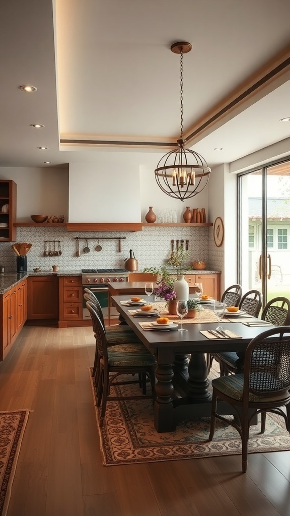 A warm and inviting family dining area with a large table and stylish chairs, blending seamlessly with the kitchen.