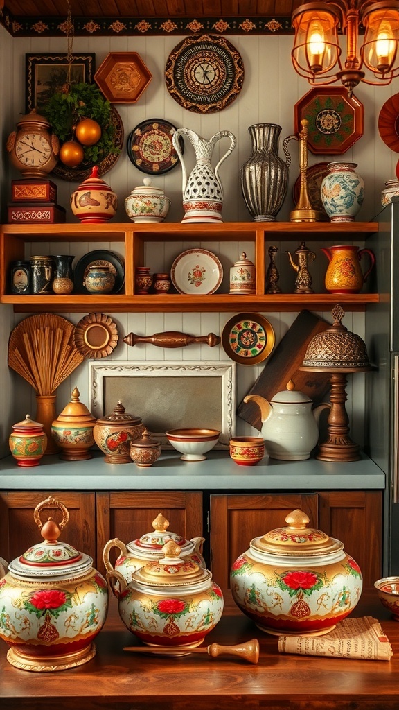 Traditional Indian kitchen interior with decorative heirloom pieces on display.