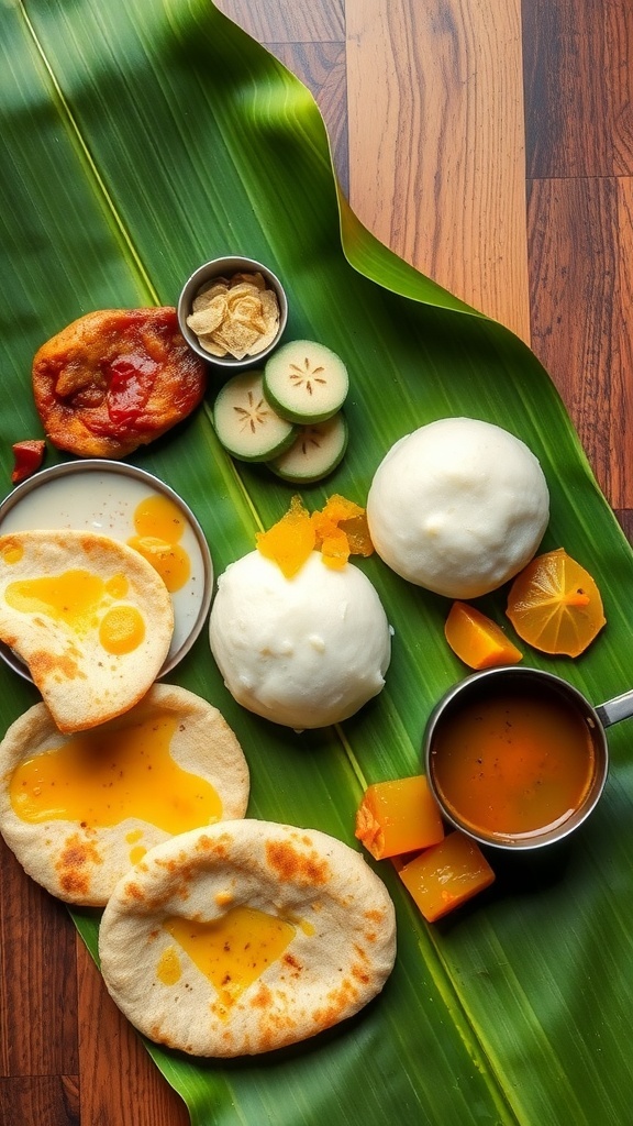 A variety of South Indian breakfast dishes served on a banana leaf.