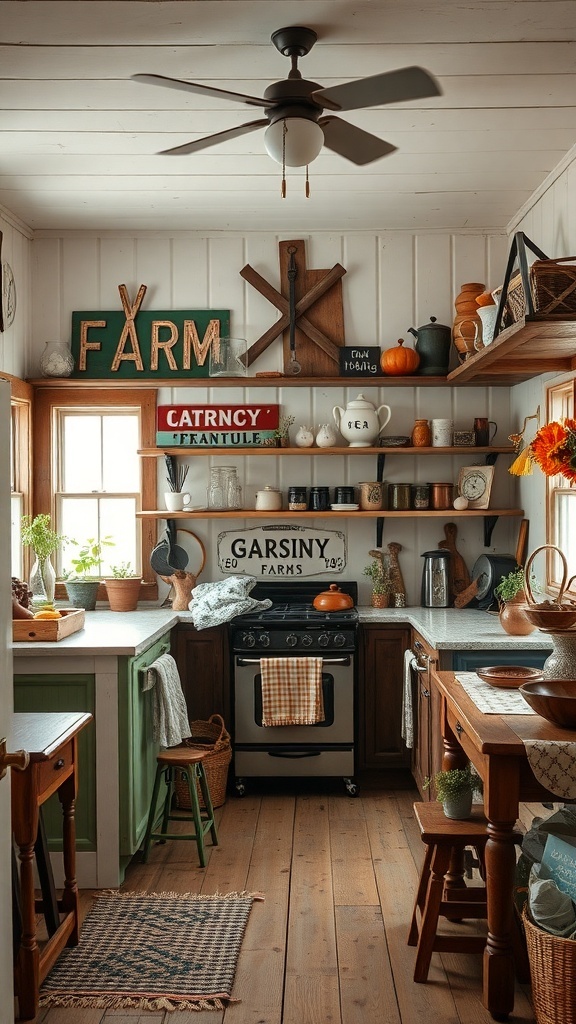 A cozy farm-style kitchen featuring rustic decor, wooden shelves, and vintage signs.